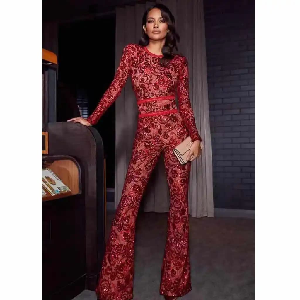 2021 Lente Nieuwe Jumpsuits Hot Koop Sexy Kant Hol Rompertjes Rode Vlam Broek Damesmode Club Street Wear