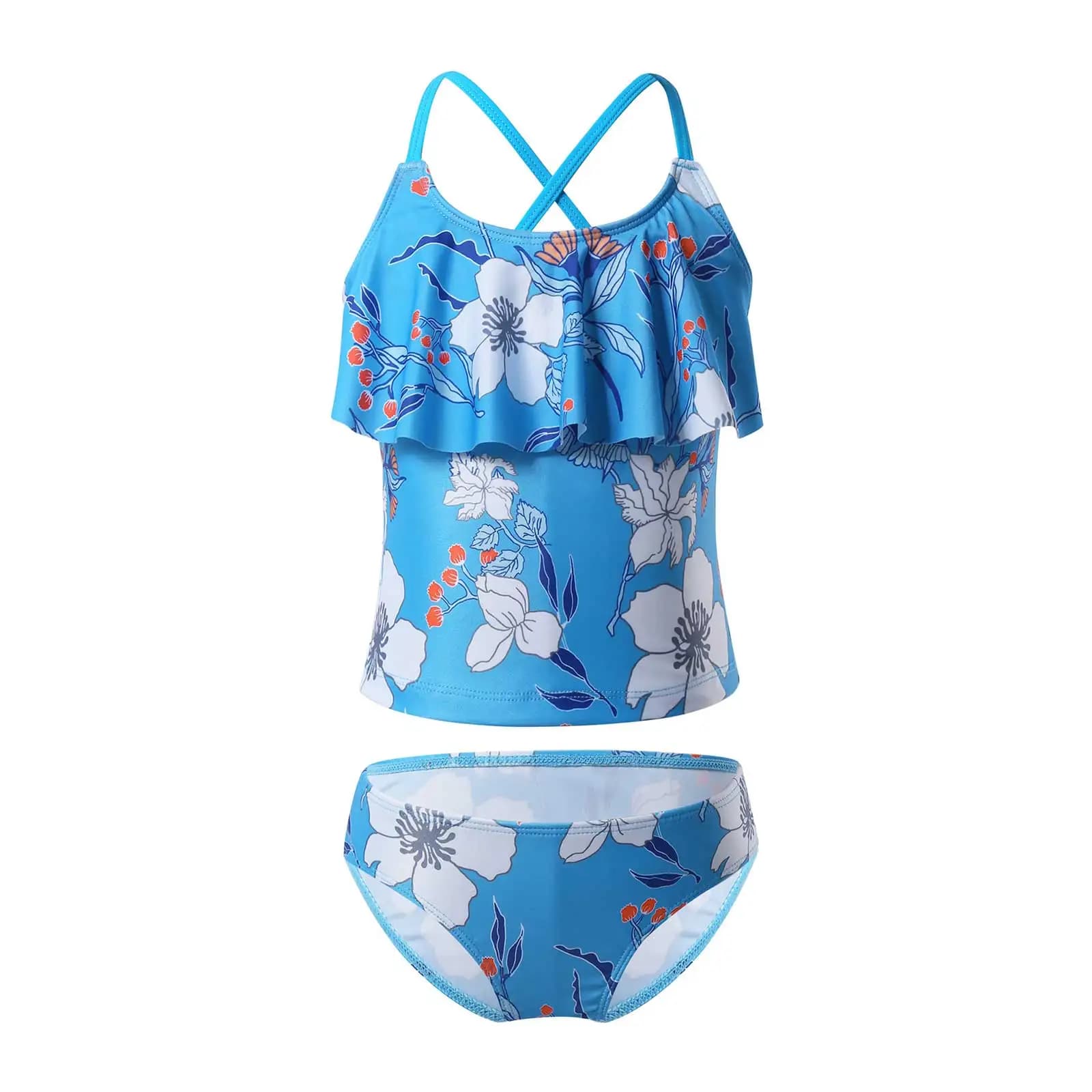 Kinderen Meisjes Badmode Ruffle Hals Bloemen Patroon Tankini Badpak Badmode Badpak Set Tops Met Bottoms Beach Badpak