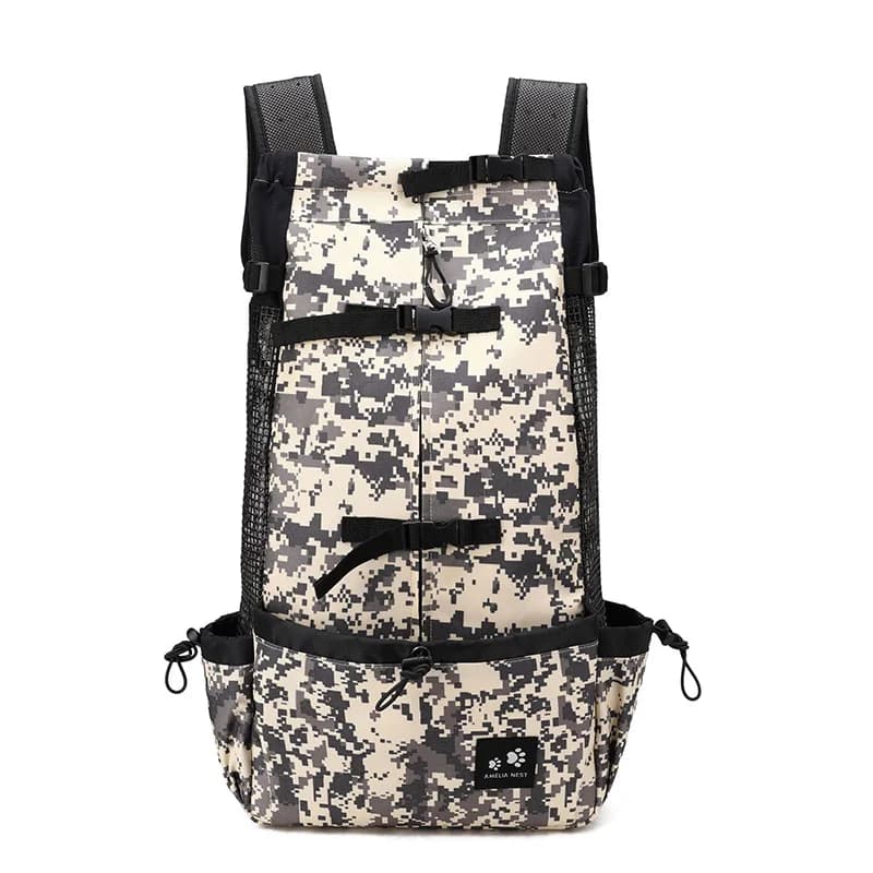 Reizen, rijden, rijden, dierenvervoer, rugzak, draagbenodigdheden voor middelgrote en grote honden, camouflage, grote hondentassen, Samojeed,