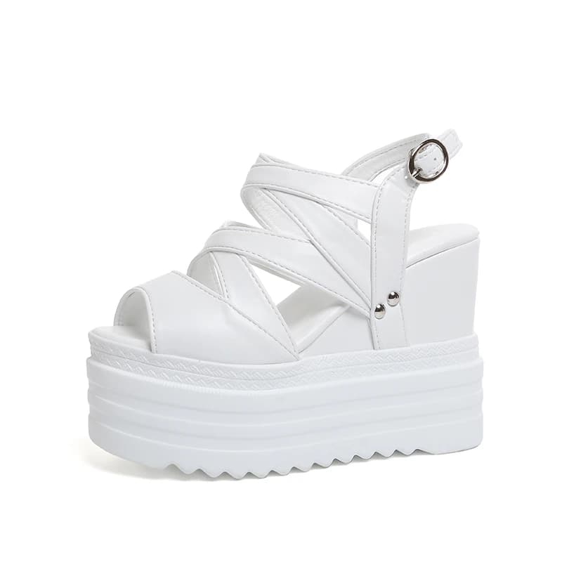 Zomer Beknopte Lederen Peep Toe Wiggen Slippers Sandalen Vrouwen 12 CM Hoge Hakken Vrouwelijke Platform Schoenen Dames Slippers