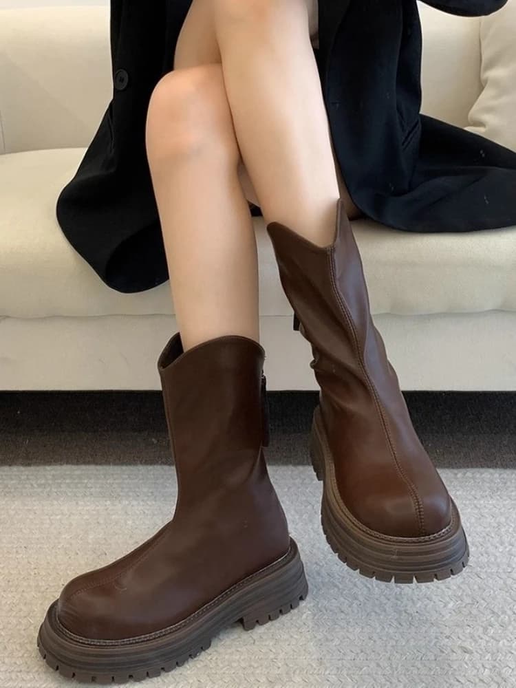 Dames Laarzen Nieuwe Dikke Zool Gestapeld Mode Bruin Zwart 2025, Korte Laarzen Gerimpeld Leer Platform Casual Botines Chelsea Schoenen