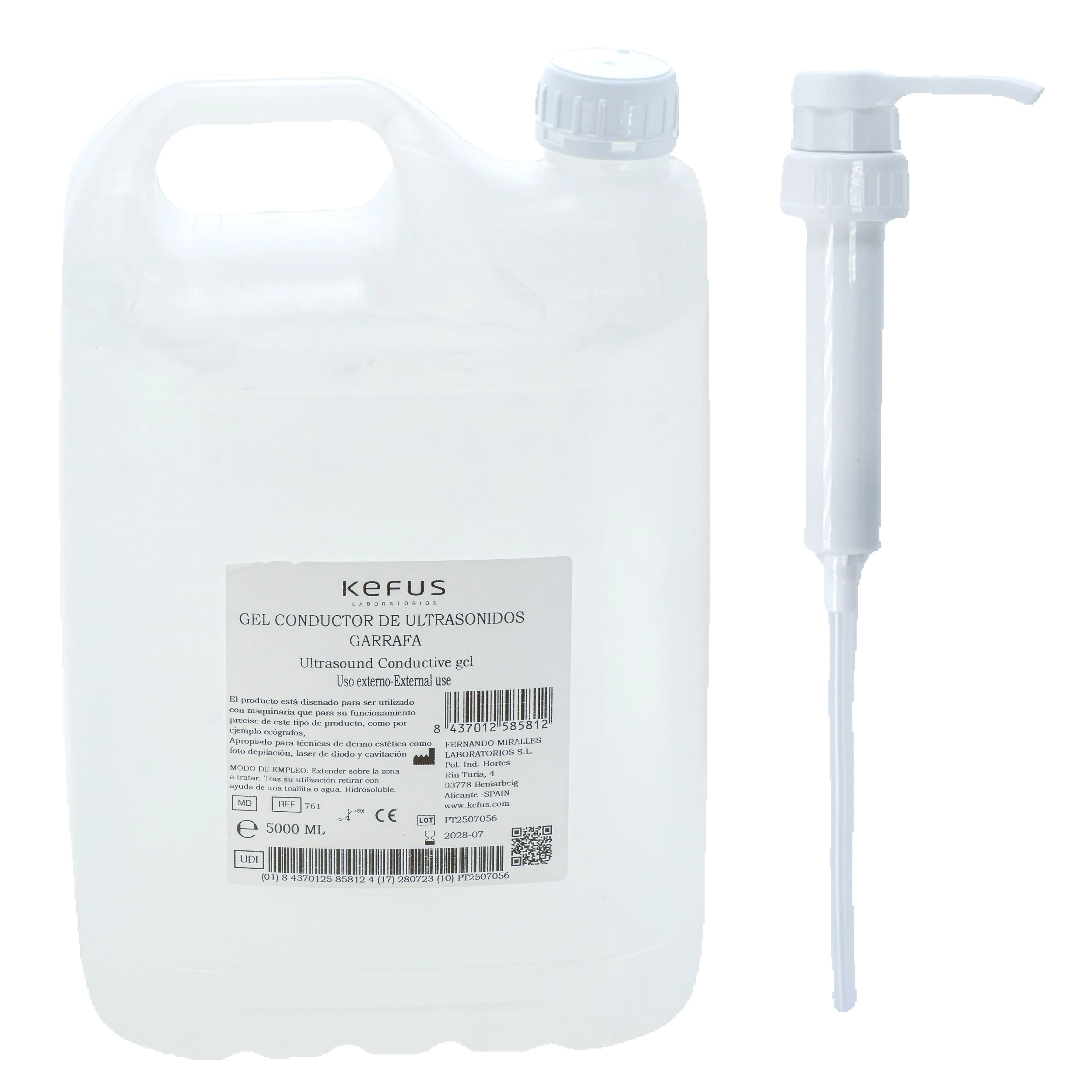 Kefus ultrasone geleidende gel 5 liter |     Starre fles met doseerventiel |     Medische en esthetische gel voor echografie, radiofrequentie, IPL en