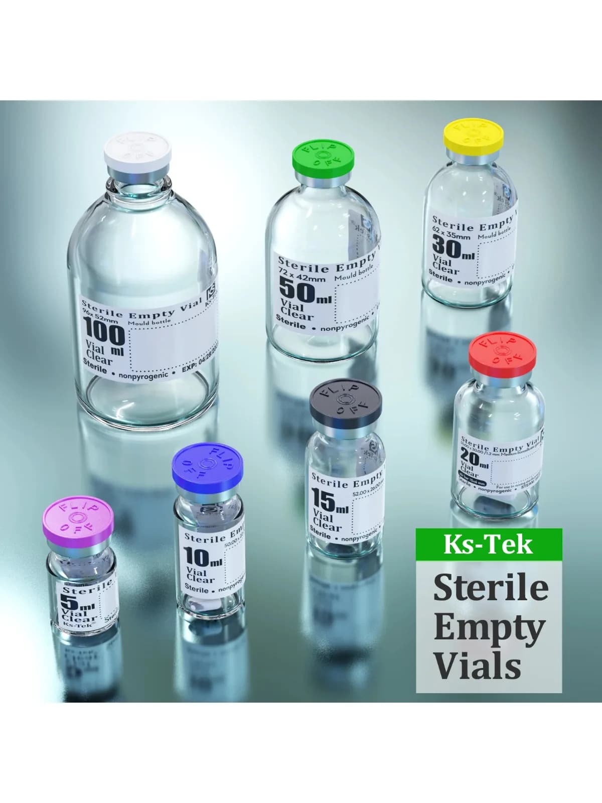 Ks-Tek steriele lege flesjes met zelfherstellende injectiepoort, met uitklapbare aluminium dop, steriel pakket
