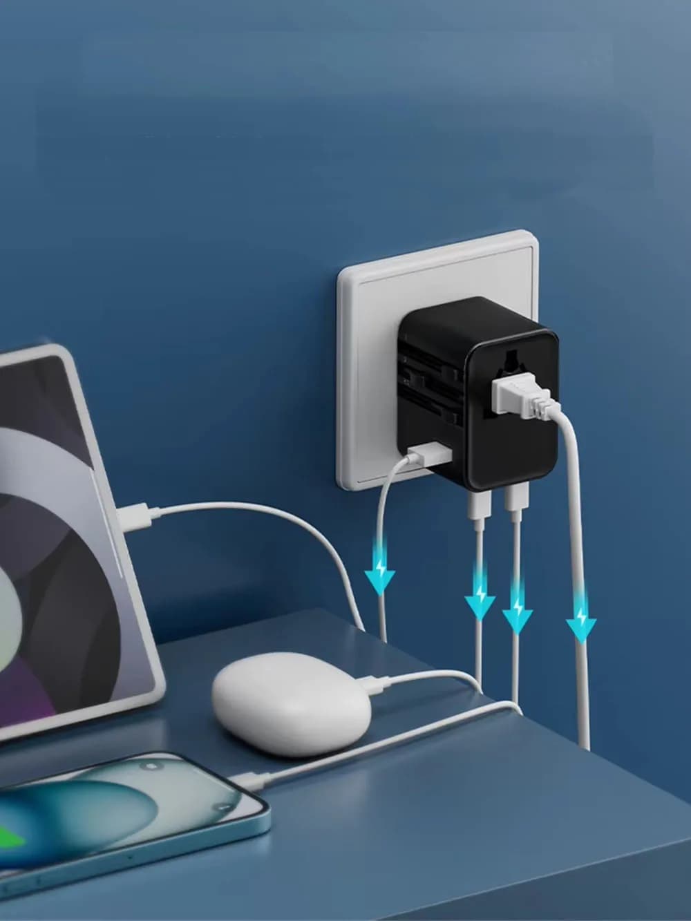 Universele reisadapter met 4 stopcontacten 1 USB-poort 2 Type-C PD 25 W Alles-in-één snel opladen op EU UK US AUS-stekker opladen