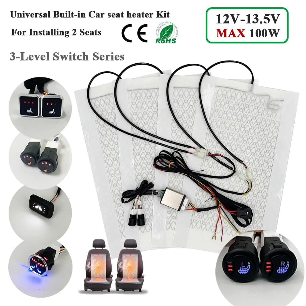 Universele Ingebouwde Autostoel Verwarming Kit Fit 2 Zetels 12 V 100 W Koolstofvezel Verwarming Pads met 3 Niveaus Schakelaar Systeem