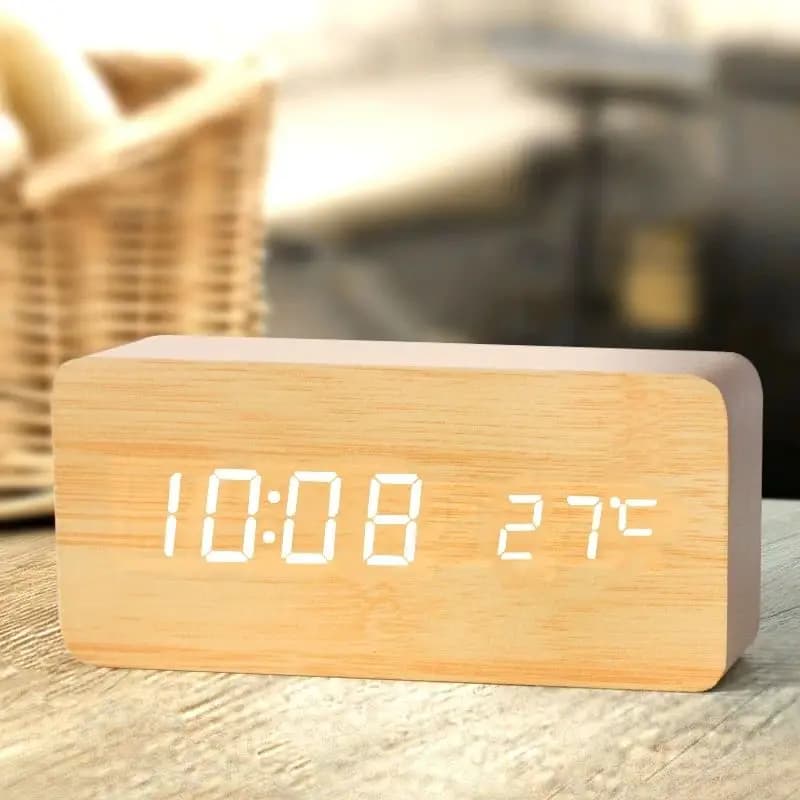 Houten digitale wekker, LED-wekker met temperatuurbureauklokken voor kantoor, nachtkastje