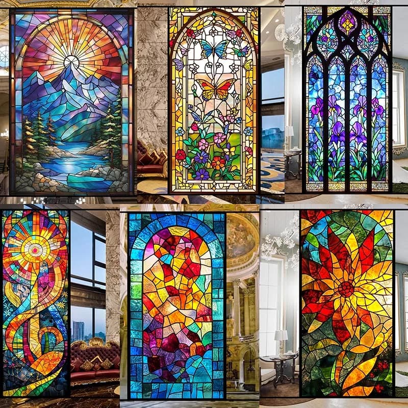 Europese stijl geschilderde kunstglasfilm, elektrostatisch glazuur, privacybescherming glasfolie, glas-in-loodglas, raamtint