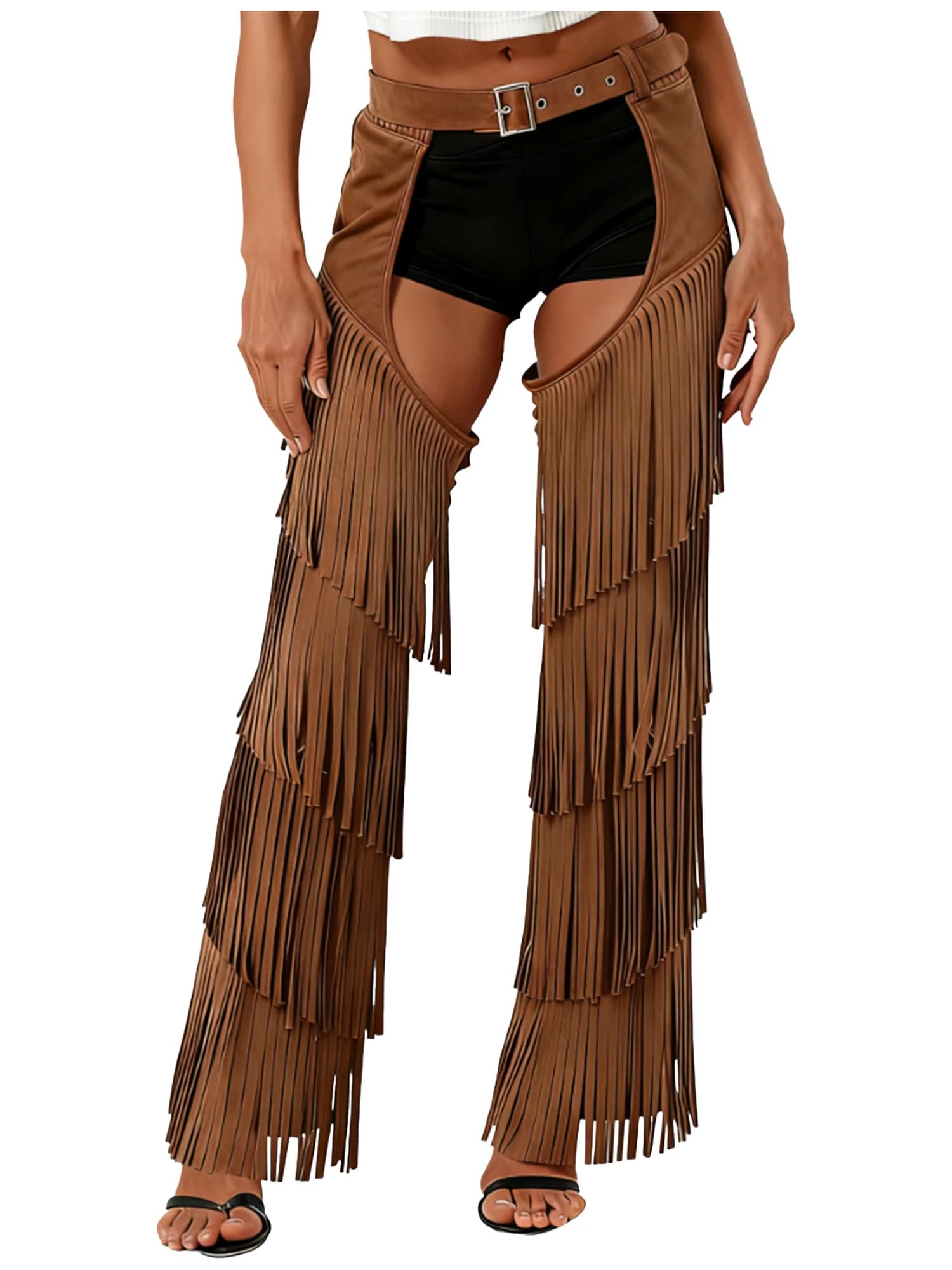 Womens Cowboy Chaps Halloween Party Cowgirl Cosplay Kostuum Gelaagde Fringe Buttless Open Kruis Fietsen Rijden Motorbroek