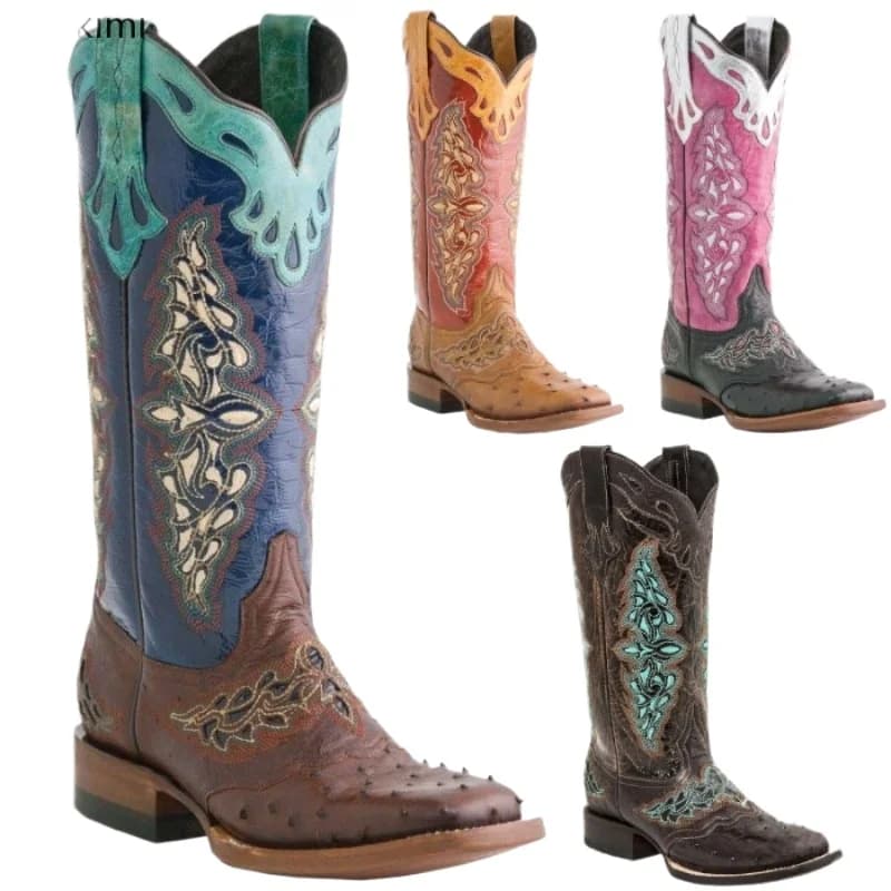 2026 Dames Herfst Winter Vierkante Teen Dikke Hak Kleurrijke Gepatroneerde Knight Boots Geborduurde Kleurblokken Anti-Slip Dameslaarzen