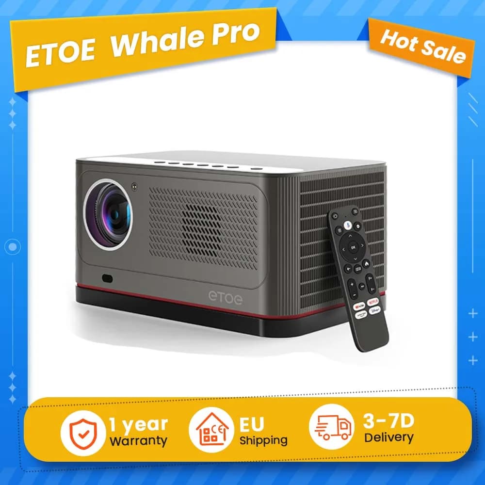 ETEO Whale Pro Projector, Android TV 14.0, Native 1080P, 1800 ANSI, 4K-decodering, Autofocus/Keystone, Dubbele 10W speakers, 2.4G/5G Wi-Fi, Gesloten