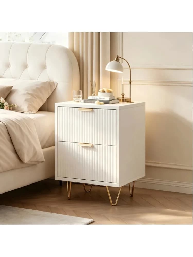 Fangange Set van 2 nachtkastjes met 2 lades, moderne witte nachtkastjes met gegroefd design en gouden haarspeldpoten voor slaapkamers