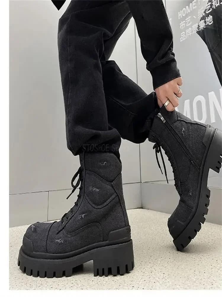 Werklaarzen Heren Zwart Cowboy Canvas Hoge Motorlaarzen Dikke Zolen Afval Bodem Windlaarzen Pluche Snowboots Merkontwerp