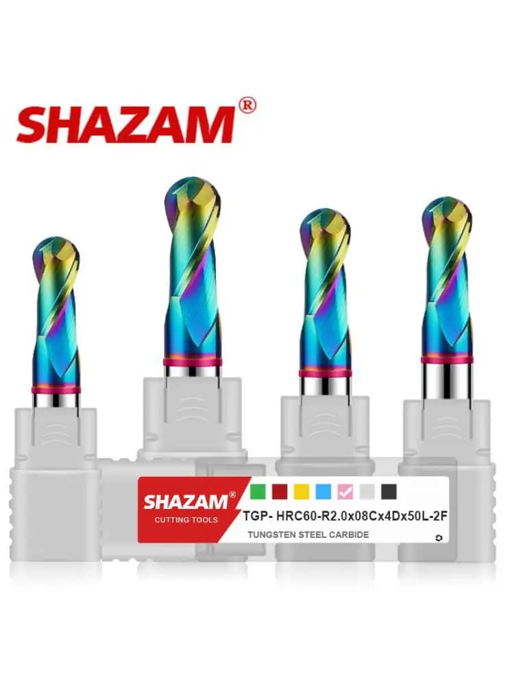 Shazam TGP-HRC60 2-Fluit Kleur Cirkel Dlc-Coating Wolfraam Staal Carbide Aluminium Kogel Einde Eindmolens Cnc Machinale Frees