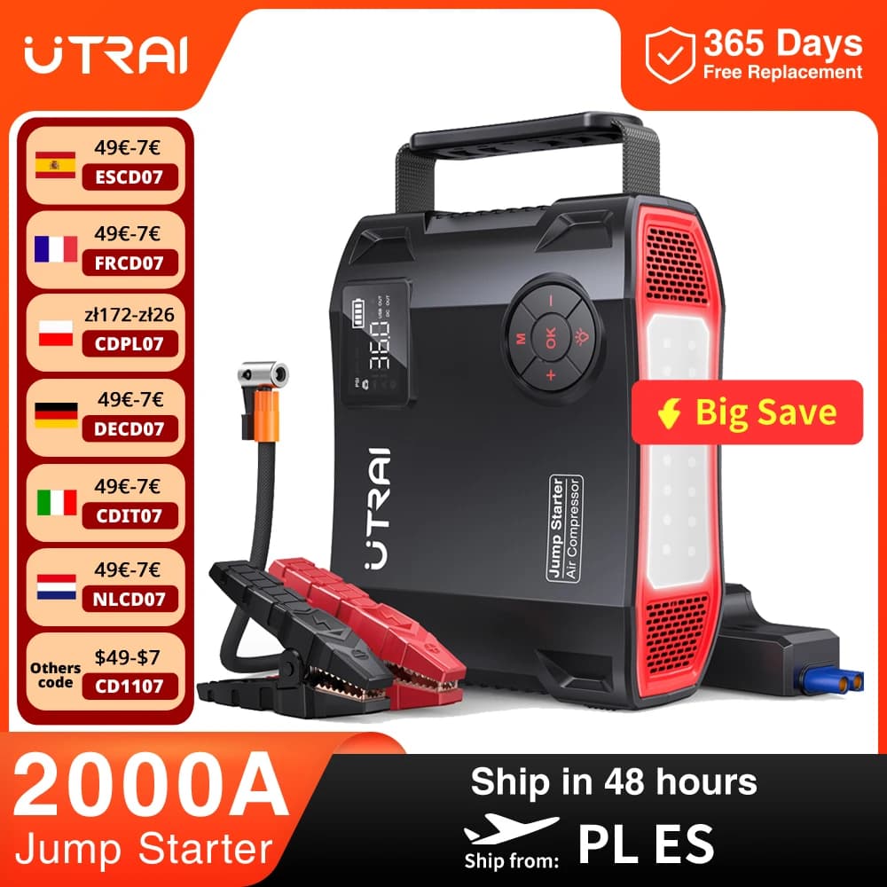 UTRAI 4 In 1 2000A Jump Starter Power Bank 16000mAh 150PSI Luchtcompressor Bandpomp Draagbare oplader Auto Booster Startapparaat