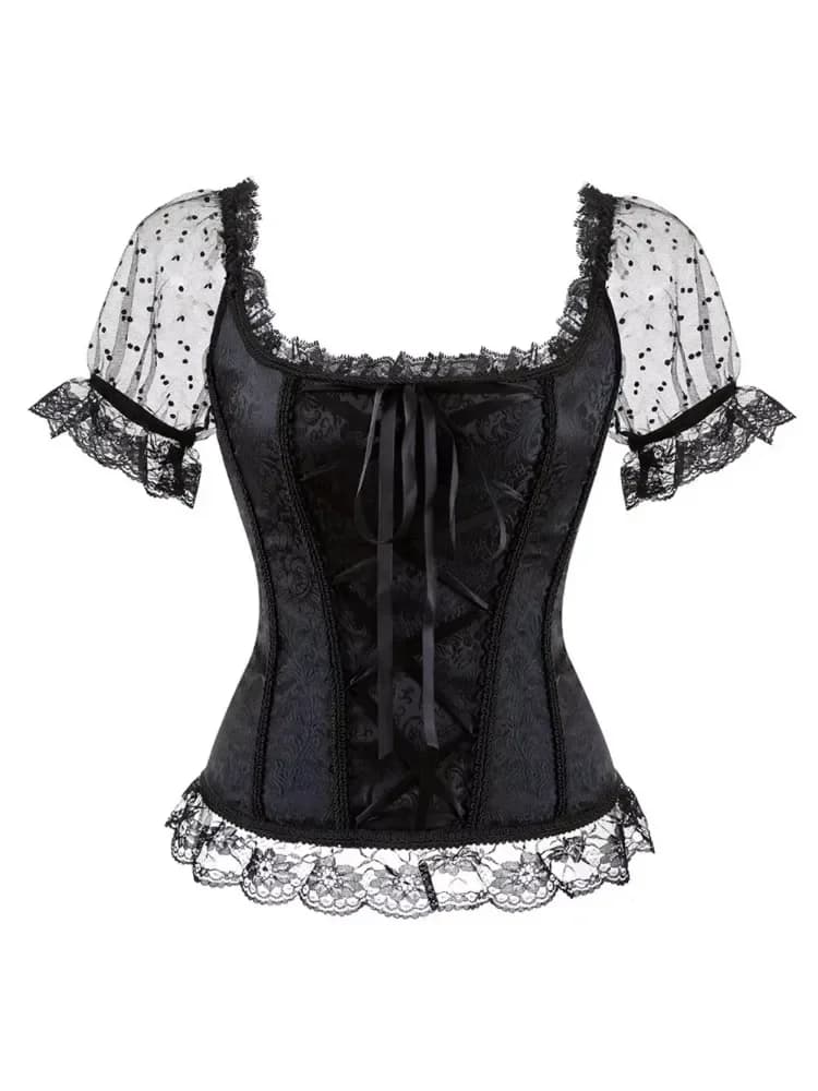 Vrouwen Victoriaanse Corset Top Off-Shoulder Mouwen Bustier Blouse Top Kant Lolita Corset Vintage Bovenborst Burlesque Kostuums