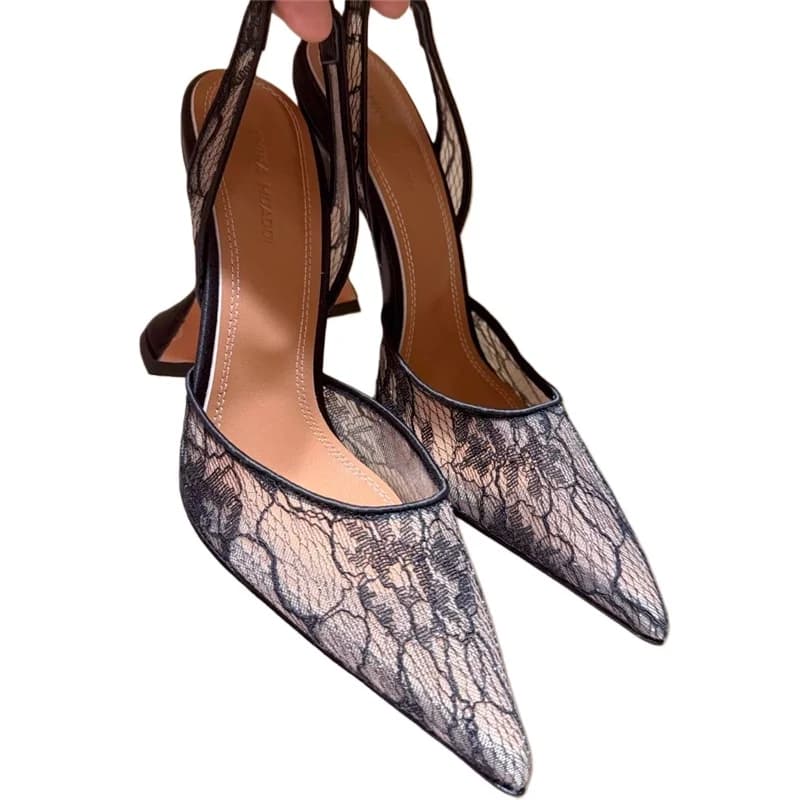 Sandalen met hoge hakken zomer nieuwe puntige kant mesh wijnglas hak trouwschoenen banketjurk veelzijdige eenvoudige damesschoenen