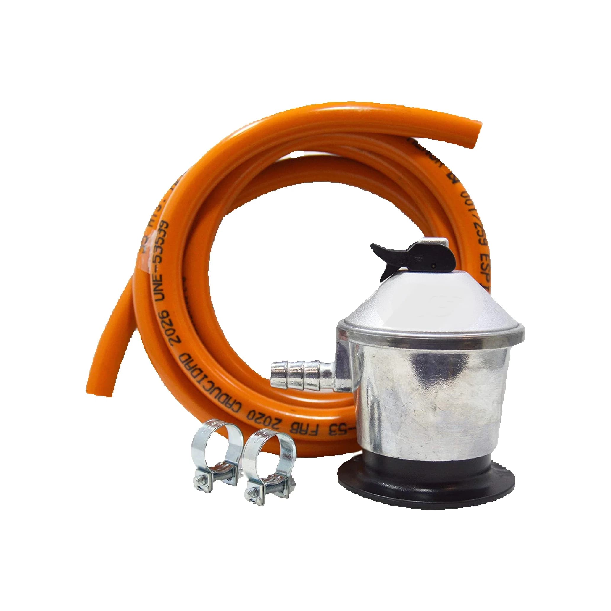 1,5m Butaan slangset met 2 klemmen, butaanbrander, 50 mbar gasregelaar met veiligheidsventiel, 29 mbar complete sets of losse onderdelen, universeel