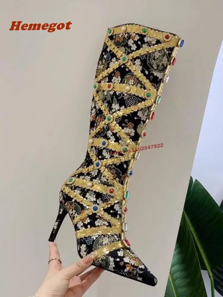 Puntige Neus Knie Hoge Laarzen Voor Vrouwen Steentjes Ontwerp Goud Bling Luxe Laarzen Dunne Hoge Hakken Mode Sexy Zijrits