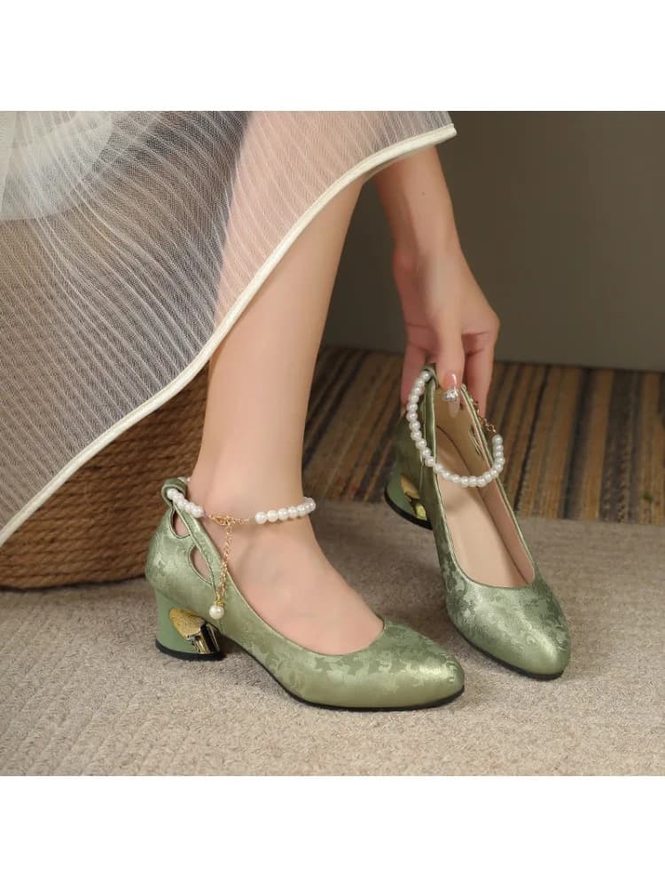 Retro vierkante neus hoge hakken dames trouwschoenen nieuwe Chinese stijl enkele schoenen blokhak Baotou sandalen