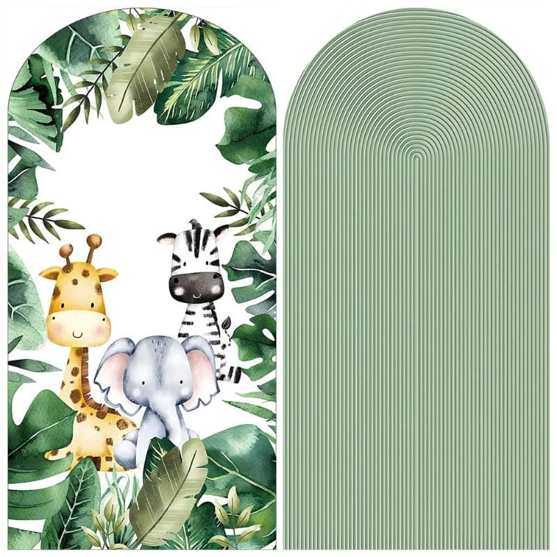 Mehofond Custom 2-zijdige Safari Animal Arch Achtergrond Cover Baby Verjaardagsfeestje Groene Bladeren Festa Achtergrond Baby Douche Decor