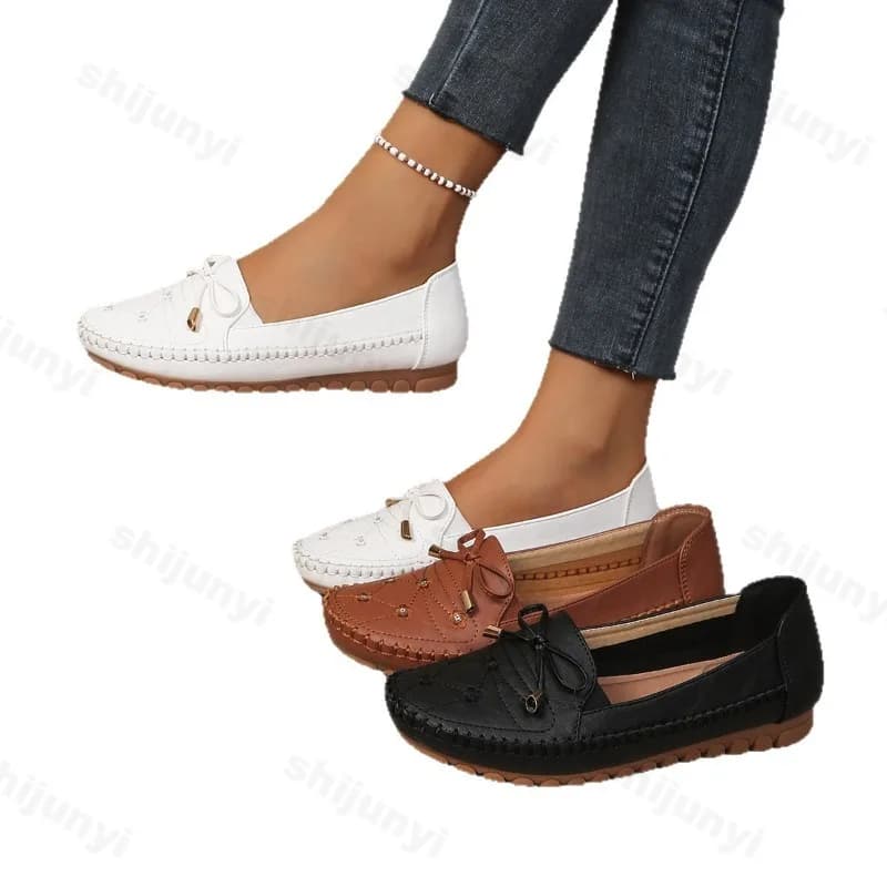Dames Loafers Klassieke Ronde Neus Comfortabel Zacht Ademend Ondiepe Platte Schoenen Mode Strik Slip op Causale Flats Zapatos Mujer
