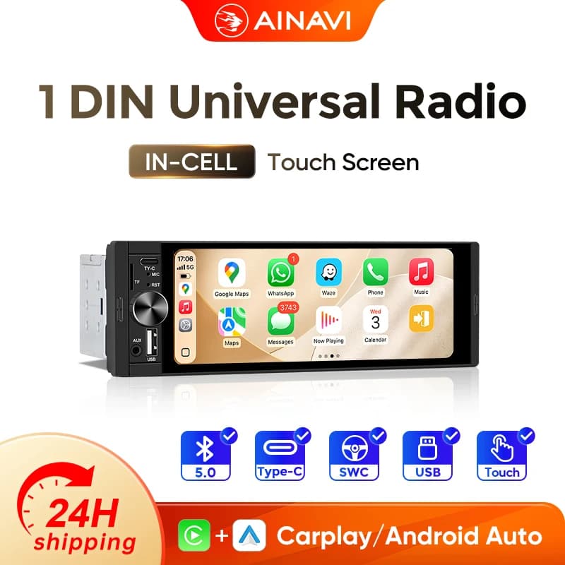 AINAVI HD IPS Touchscreen autoradio 1 DIN Carplay Universele Auto Multimedia Draadloze Android Auto Type-C USB BT 5.0 1Din Stereo