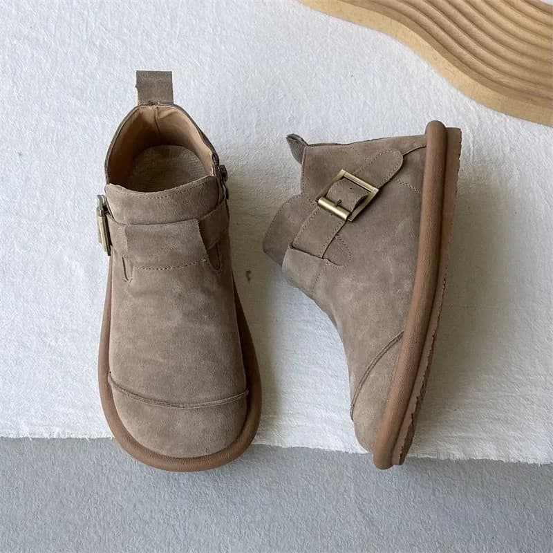 2024 Nieuwe Herfst/Winter Mode Dames Platte Korte Laarzen Ronde Neus Rits Gesp Casual Splice Schoenen
