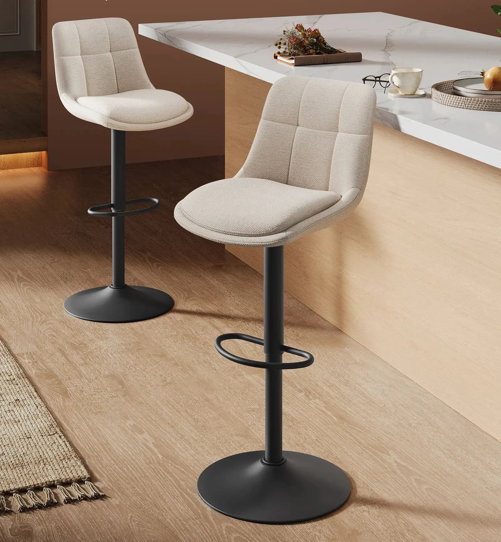 VASAGLE 2 barstoelen, rugleuning, barstoel, voetsteun, in hoogte verstelbaar, draaibaar, flanel, wit