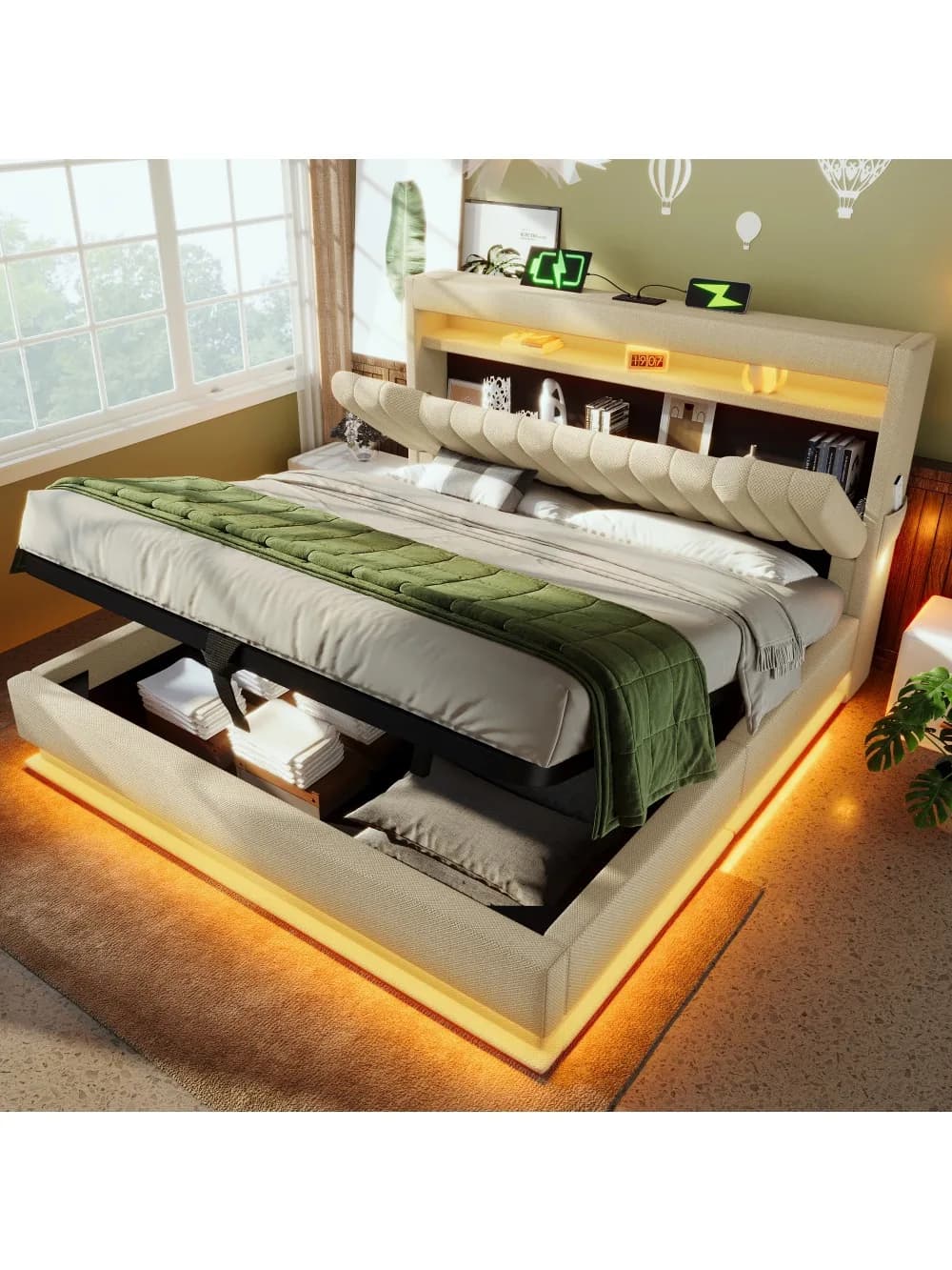 Gestoffeerd bed Tweepersoonsbed, Opberghoofd met USB- en Type C-poorten, LED-verlichting, met hydraulische opbergruimte, linnen (zonder matras)