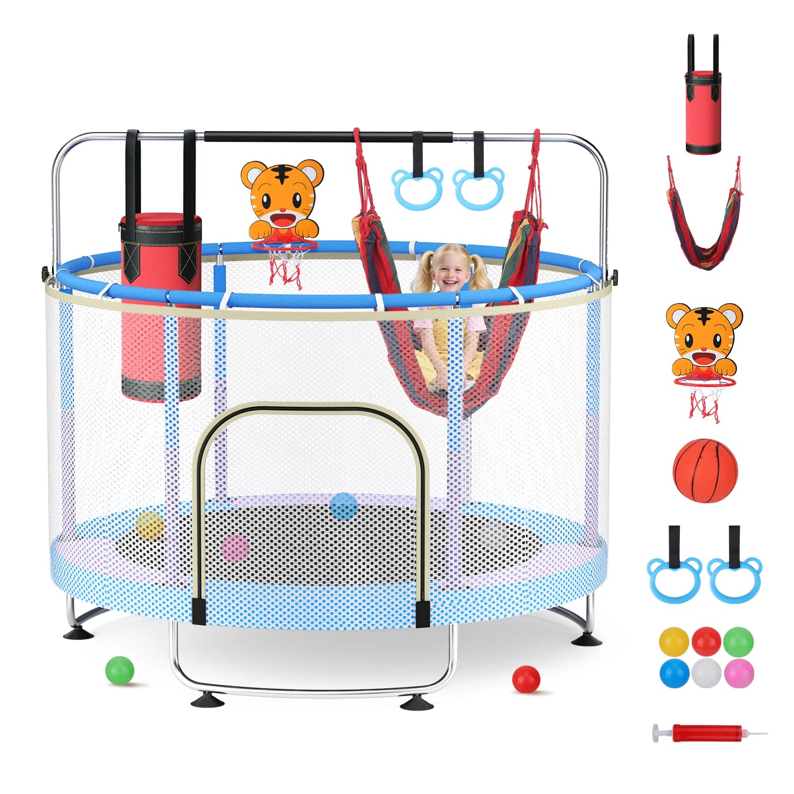 150 cm kindertrampoline, verstelbare baby-peutertrampoline met basketbalring, schommel, zandzak, oceaanballen, 330 lbs binnen en buiten