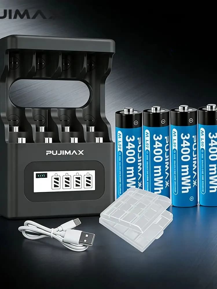 PUJIMAX Oplaadbare batterij 1,5 V AA 3400 mWh AAA 1100 mWh lithium-ion batterij + oplader voor klokradio videogame digitale camera