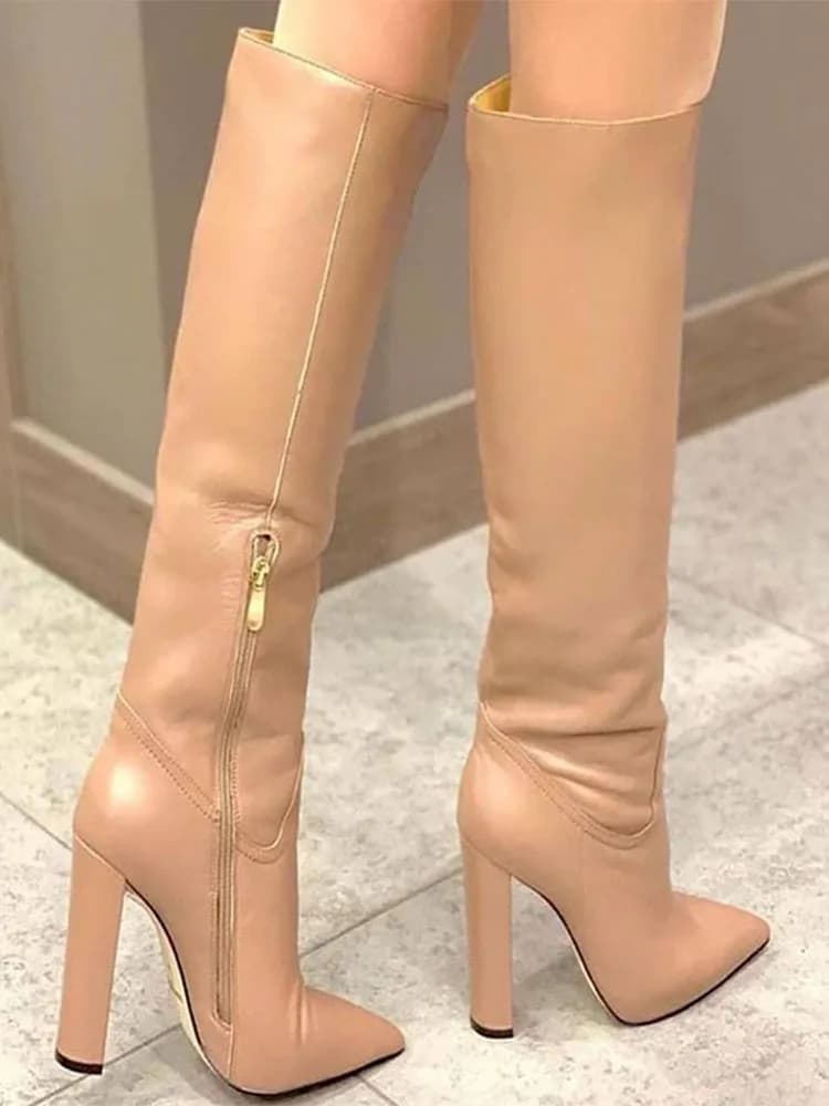 Rontic Handgemaakte Vrouwen Winter Knie Laarzen Side Rits Matt Dikke Hakken Wees Teen Fabulous Naakt Party Schoenen Amerikaanse Maat 5-15