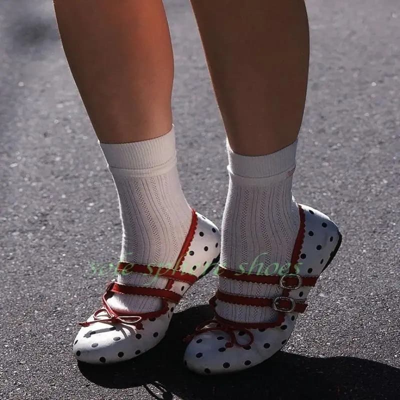 Dame Wit Satijn Polka Dot Mary Janes Elegante Flats Runway Bowtie Rood Zwart Schoenen Gesp Schattig Ballet Elegante Mary Janes 46