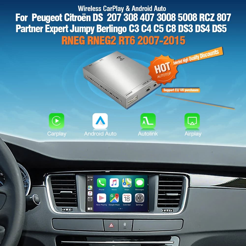 AUTOTOP Draadloze CarPlay Android Auto voor Peugeot Citroen DS RNEG RNEG 2 2007-2015 207 308 407 3008 5008 C3 C4 C5 C8 DS3 DS4 DS5