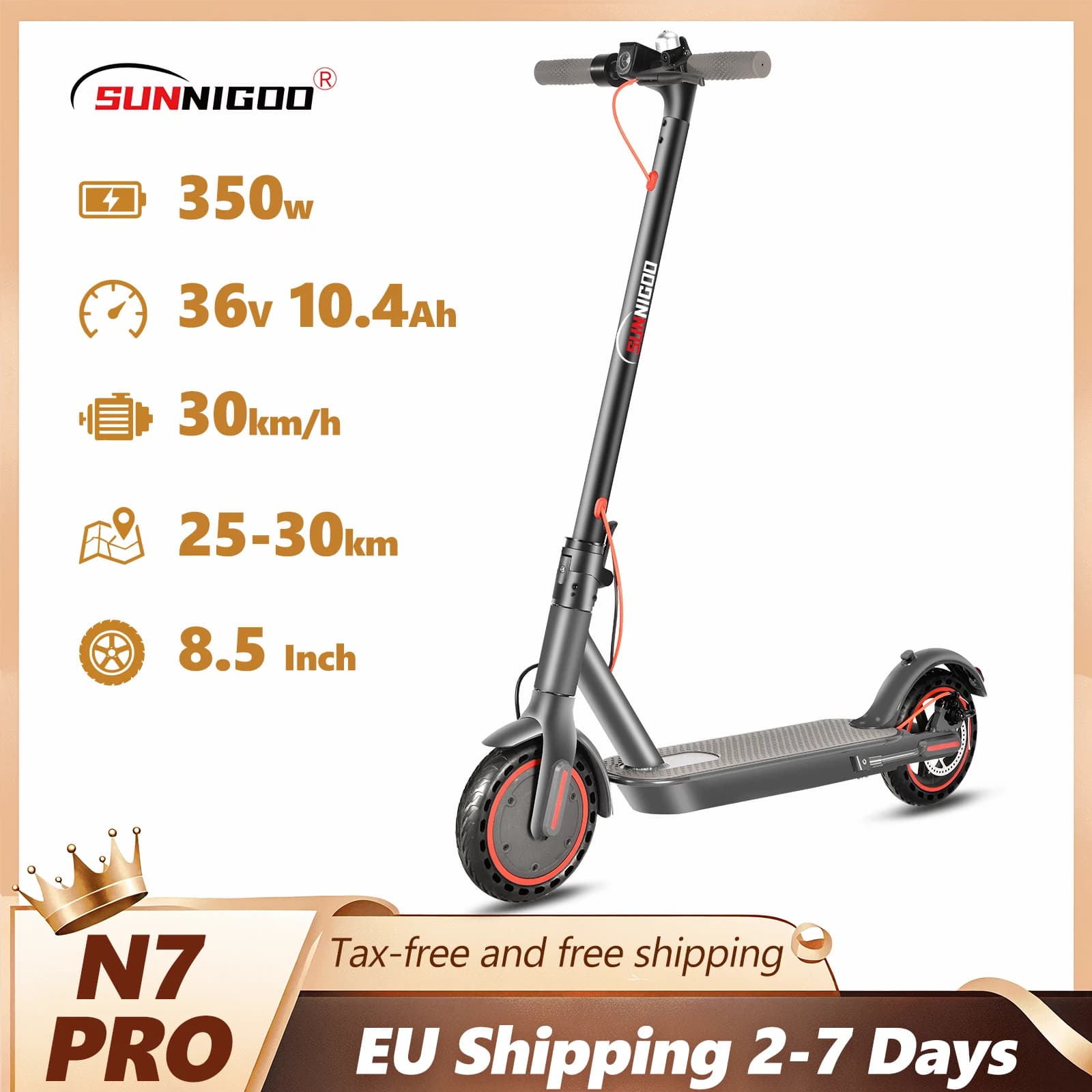 SUNNIGOO 350W Elektrische Scooter voor Volwassenen met APP, 36V 10.4Ah E-scooter, 30km/u, Lichtgewicht, Lange Actieradius 30km, Scooter voor