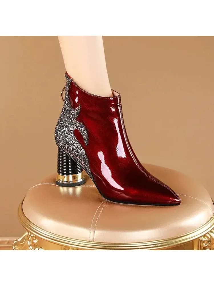 Luxe dames rode korte laarzen nieuwe herfst winter modetrend pluche hoge hakken feest bruiloft casual schoenen reizen dansen 2023