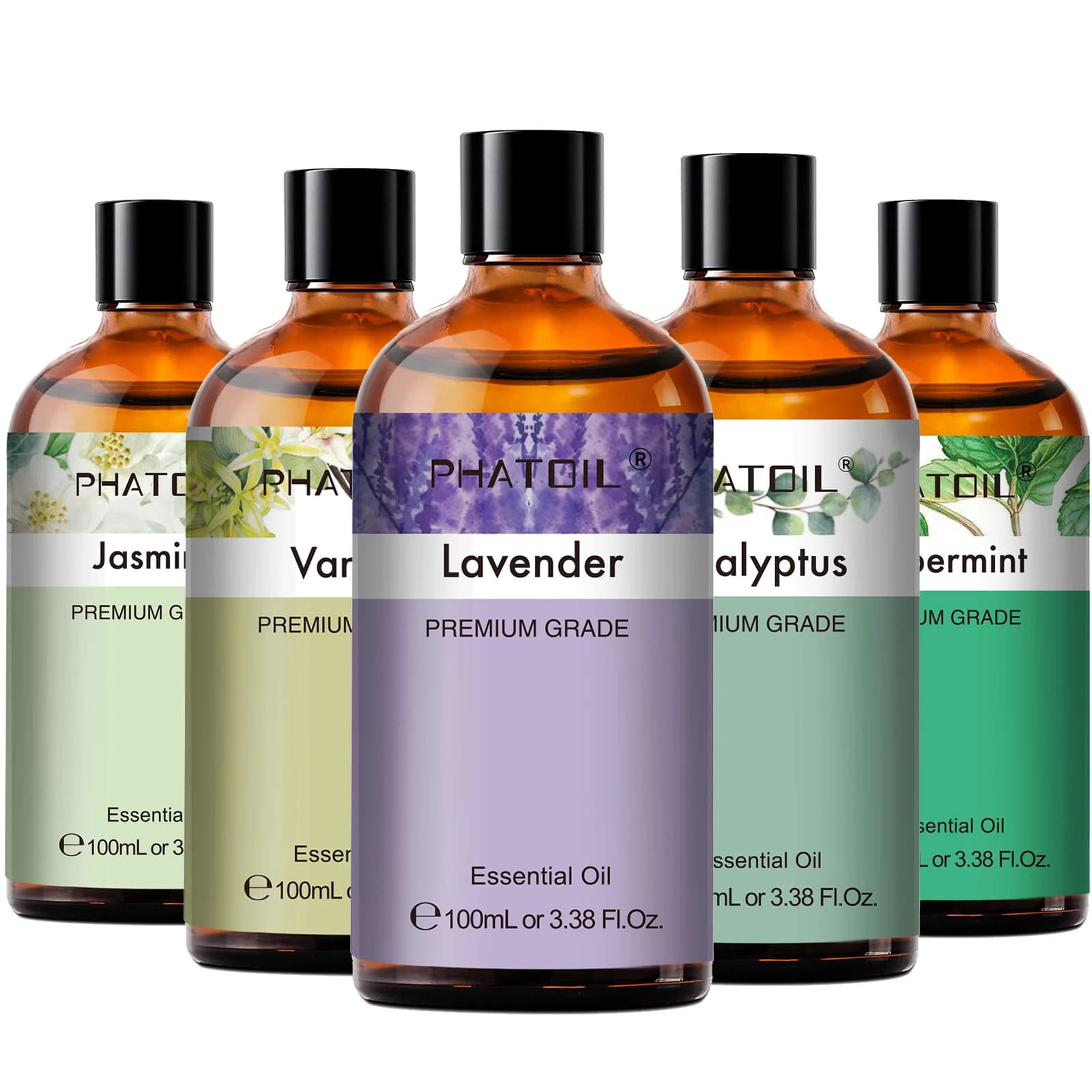 PHATOIL 100ml Eucalyptus Essentiële Olie Voor Huid Lavendel Vanille Jasmijn Citroen Bergamot Aroma Olie voor Aromatherapie Kaarsen Maken