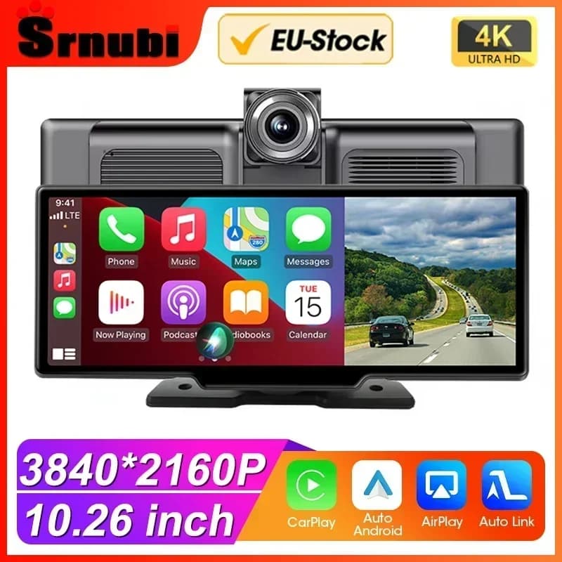 Srnubi 10.26 "Dash Cam Achteruitkijkspiegel Carplay Android Auto 4K DVR Navigatie Speler Dual Len Recorder Dashboard WIFI BT