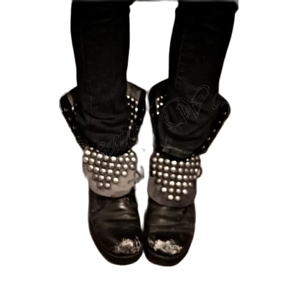 Zwarte Turn Over Klinknagel Decor Laarzen Effen Ronde Neus Mooie Schoenen voor Vrouwen Vierkante Hoge Hakken Schoenen Nieuwe Zapatos Para Mujere