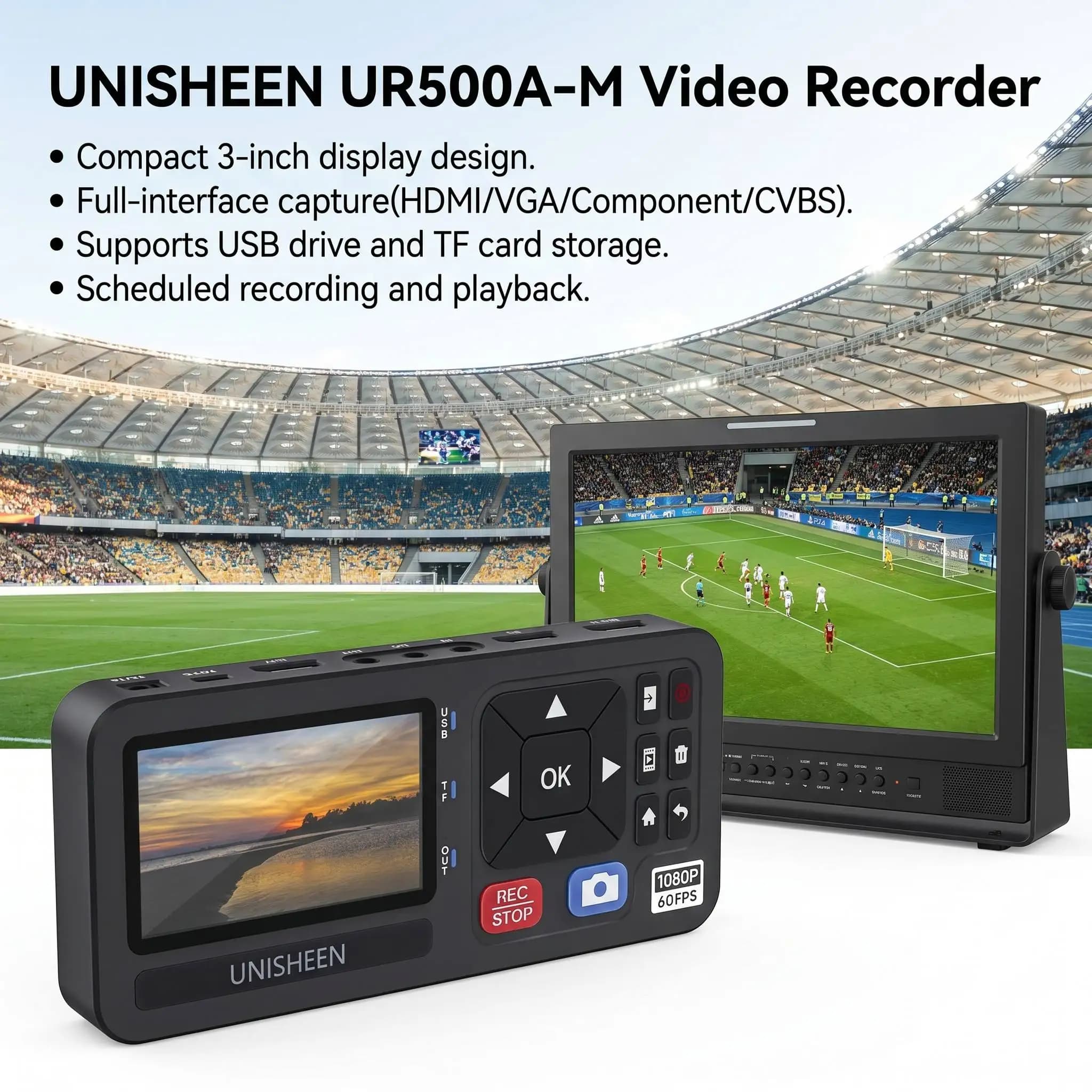 UNISHEEN HD Video Capture Box 1080P Video naar Digitaal Converter met 3" Scherm, 4K HDMI/CVBS/VGA/YPBPR Ingangen Videorecorder