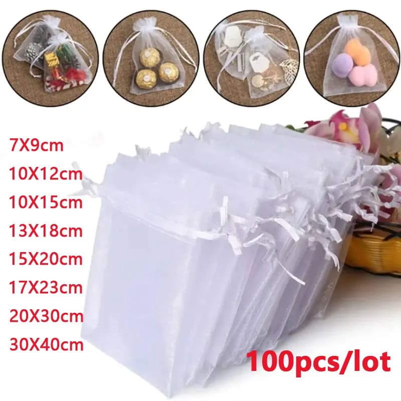 100 stks/partij 7x9 9x12 10x15 13x18 CM Organza Zakjes Sieraden Tas bruiloft Decoratie Drawable Zakken Gift Zakjes Sieraden Verpakking