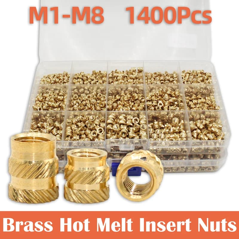 Messing inzetmoerset met schroefdraad M2 M2.5 M3 M4 M5 M6 M8 Hotmelt Heat Gekartelde inbedded injectie Koperen inzetmoer voor 3D-print kunststof