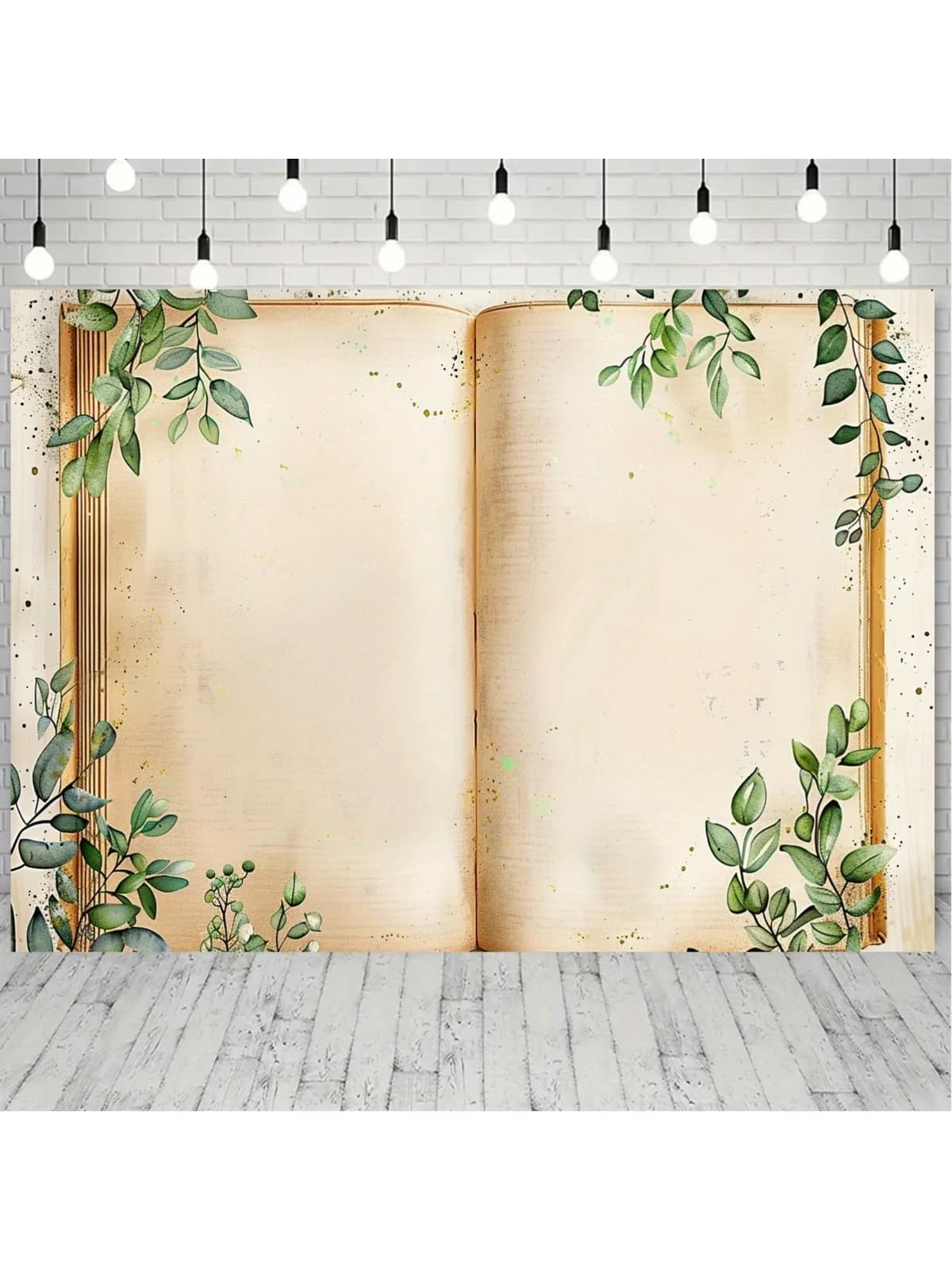 Het 1-delige Magic Book-achtergrondbord, met groene bladeren, wordt gebruikt als achtergronddoek voor fotografie met een verhalenboekthema.
