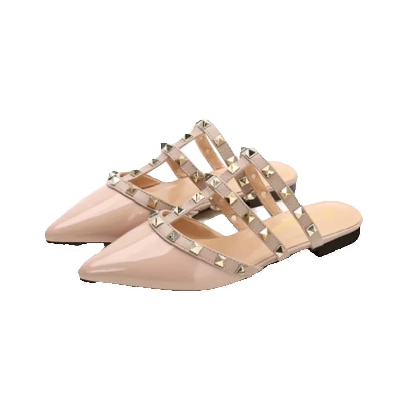 Dame Klinknagels Bandjes Pantoffels Puntige Teen Modieuze Schoenen Dagelijks Sponsachtige Flats Glanzend Mat Handgemaakt Promotie Slippers 48 3 Beige