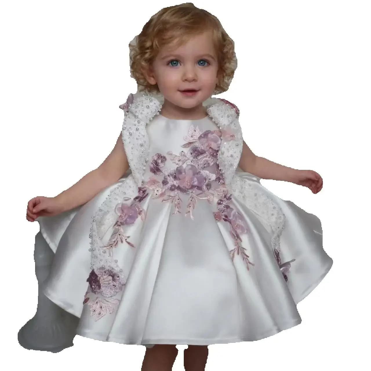 Jill Wish J869 Witte Baby Meisjesjurk met Bloemen, Geborduurde Satijn, Knielengte, voor Kinderen, Bruiloft, Verjaardag, Feest, Gala, Baljurk