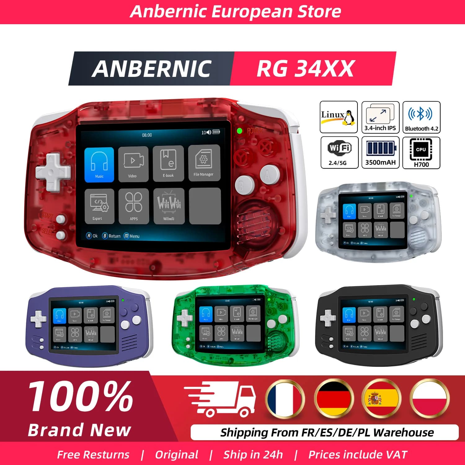 Anbernic RG34XX Retro draagbare gameconsoles RG 34XX Klassieke retro gamingspeler Linux 64-bit 3500mAh batterij WiFi Bluetooth HD