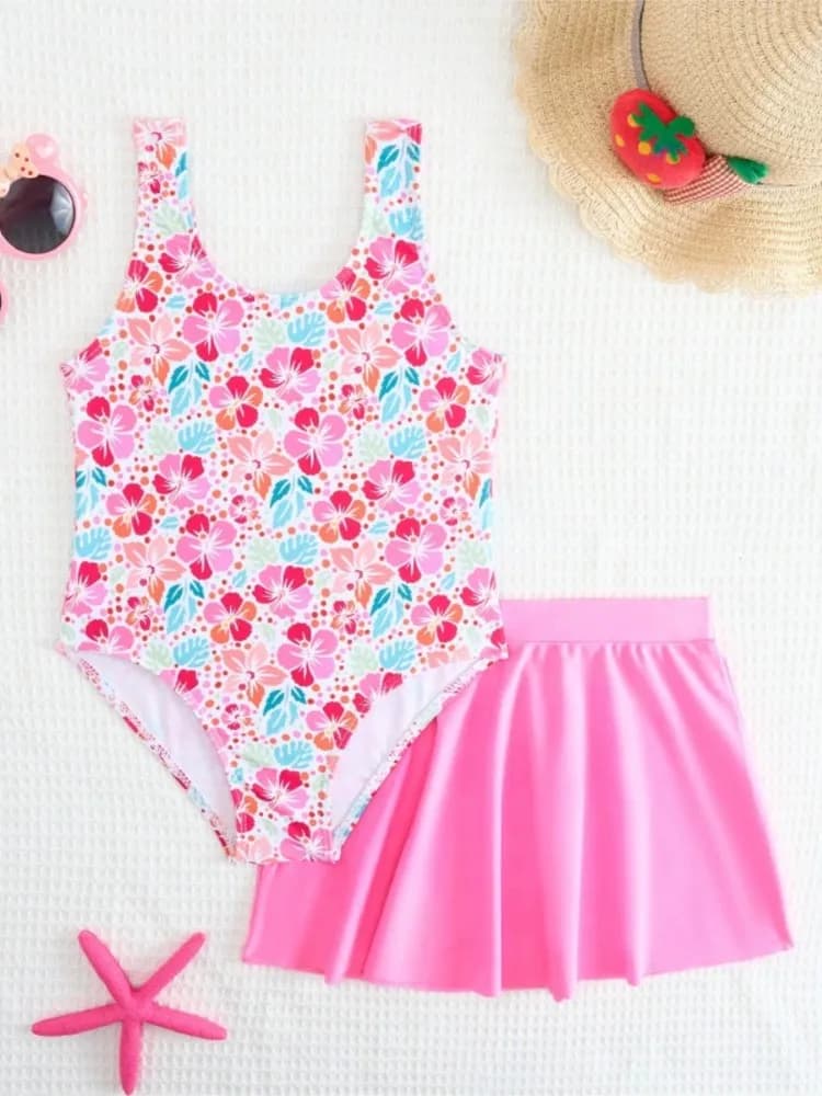 2026 Meisjesbadpak uit één stuk en strandrok met bloemenprint Kinderbadkleding Roze Kinderen Zwemmen Badpak Strandkleding 7Y