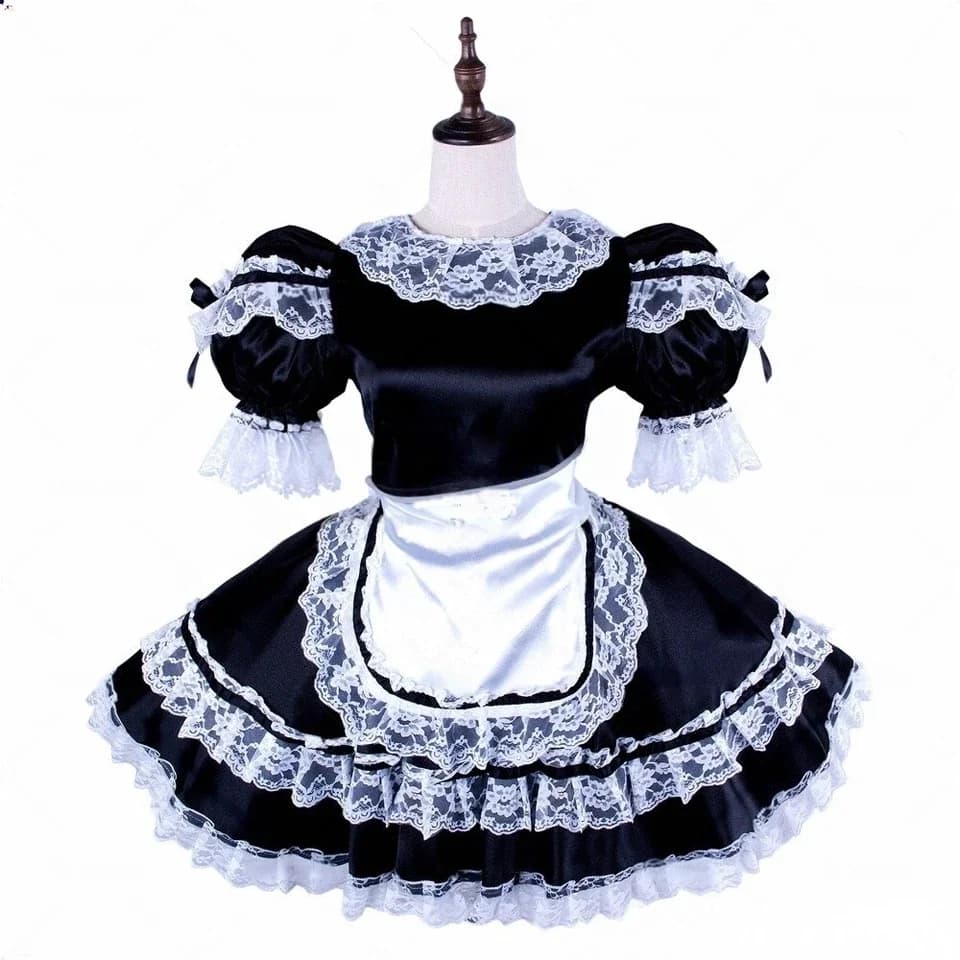 Franse meid zwart-wit satijn korte mouwen afsluitbare chiffon ruches rand jurk meid cosplay kostuum aanpasbaar