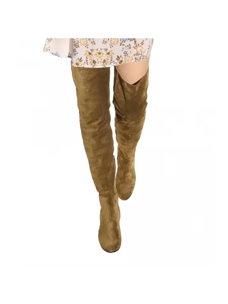 Modieuze laarzen over de knie Winter Nieuw, Ronde kop Middelhoge hak Kunstwol Suède laarzen, Damesschoenen Zapatos De Mujer Zwart
