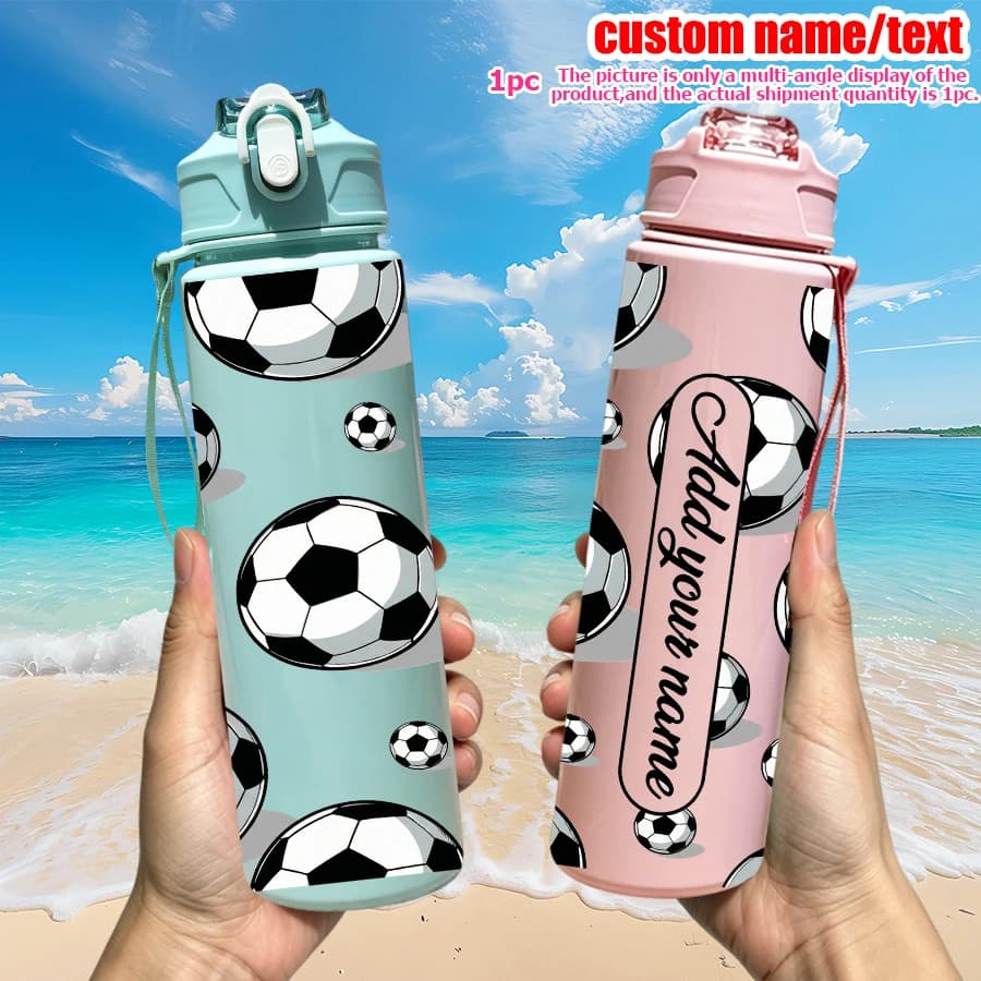 1 op maat gemaakte waterfles van 25 ounce met voetbalmotief, gepersonaliseerde naam en lekvrij ontwerp. Deze sportbeker is voor het gezin
